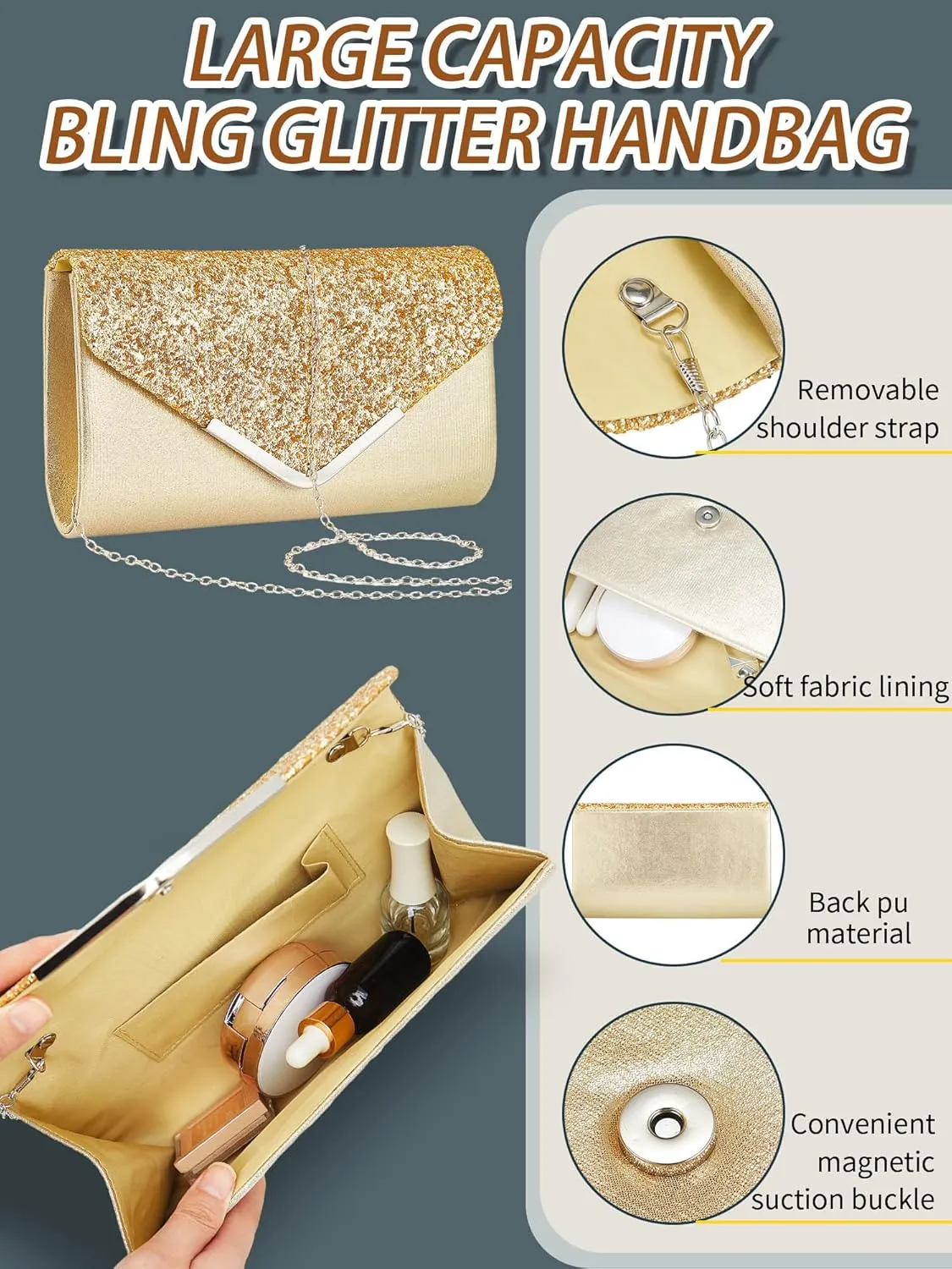 Henoyso 5 Pcs Purse Rhinestone Jewelry Set Prom Jewelry Rhinestone Clutch Purse Bride Necklace Earrings Bracelets for Women
