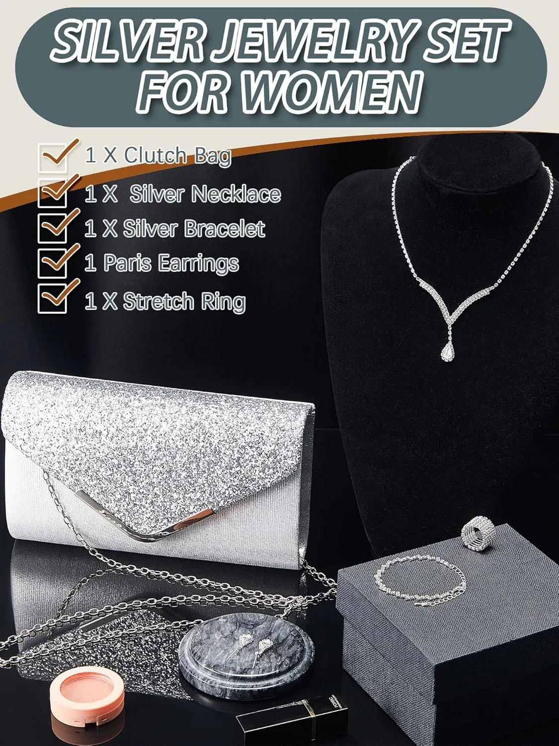 Henoyso 5 Pcs Purse Rhinestone Jewelry Set Prom Jewelry Rhinestone Clutch Purse Bride Necklace Earrings Bracelets for Women