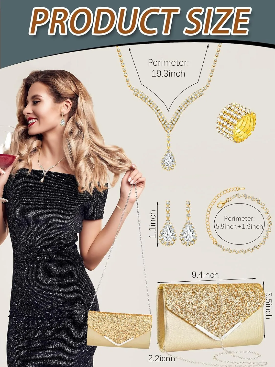 Henoyso 5 Pcs Purse Rhinestone Jewelry Set Prom Jewelry Rhinestone Clutch Purse Bride Necklace Earrings Bracelets for Women