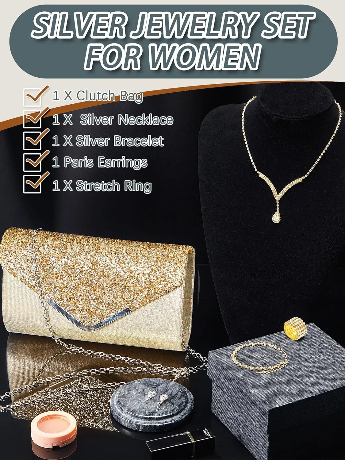 Henoyso 5 Pcs Purse Rhinestone Jewelry Set Prom Jewelry Rhinestone Clutch Purse Bride Necklace Earrings Bracelets for Women