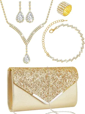 Henoyso 5 Pcs Purse Rhinestone Jewelry Set Prom Jewelry Rhinestone Clutch Purse Bride Necklace Earrings Bracelets for Women