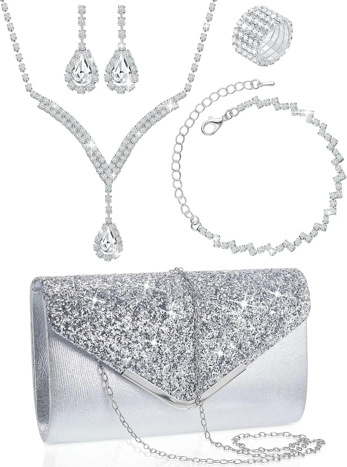 Henoyso 5 Pcs Purse Rhinestone Jewelry Set Prom Jewelry Rhinestone Clutch Purse Bride Necklace Earrings Bracelets for Women