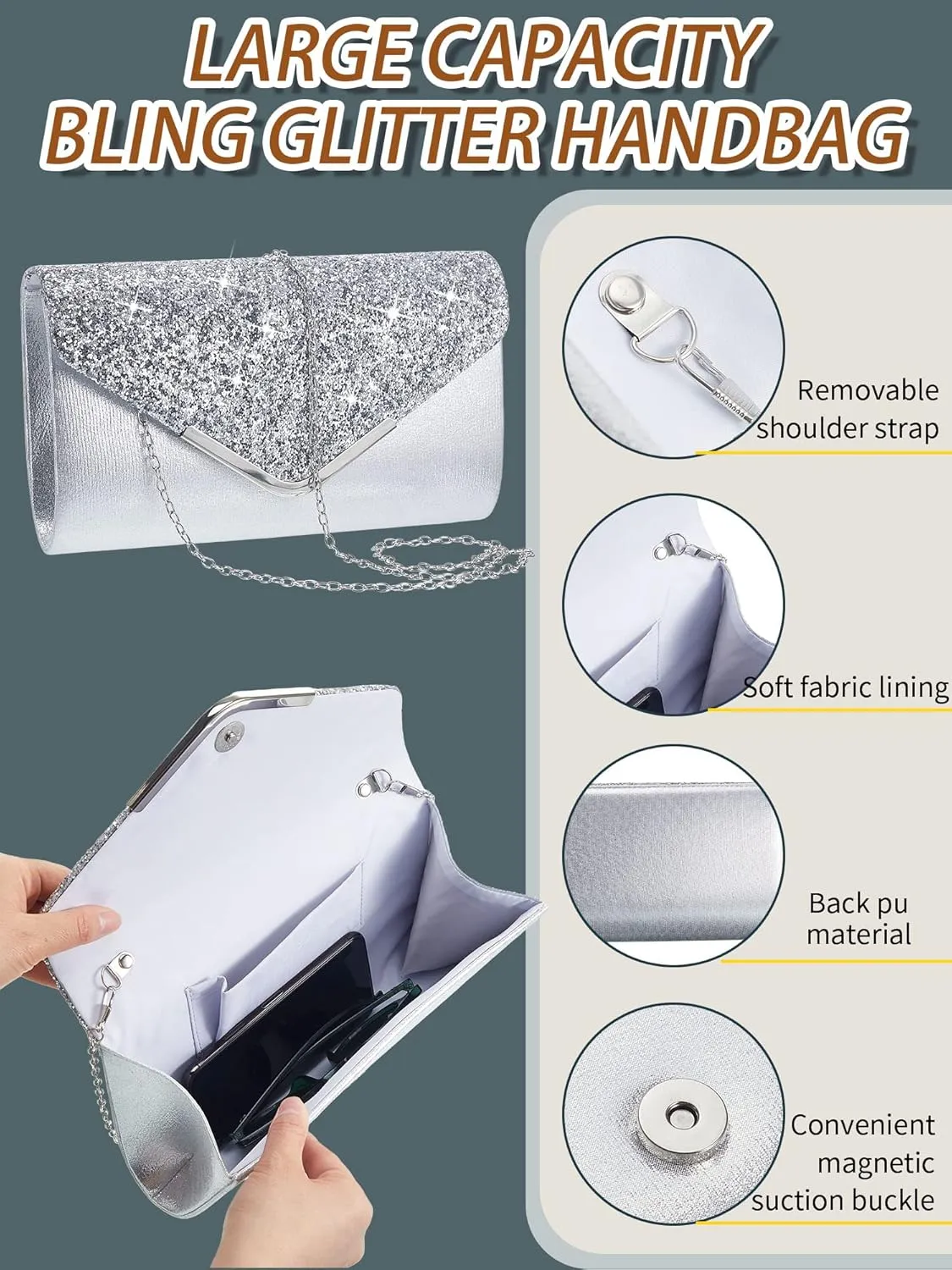 Henoyso 5 Pcs Purse Rhinestone Jewelry Set Prom Jewelry Rhinestone Clutch Purse Bride Necklace Earrings Bracelets for Women