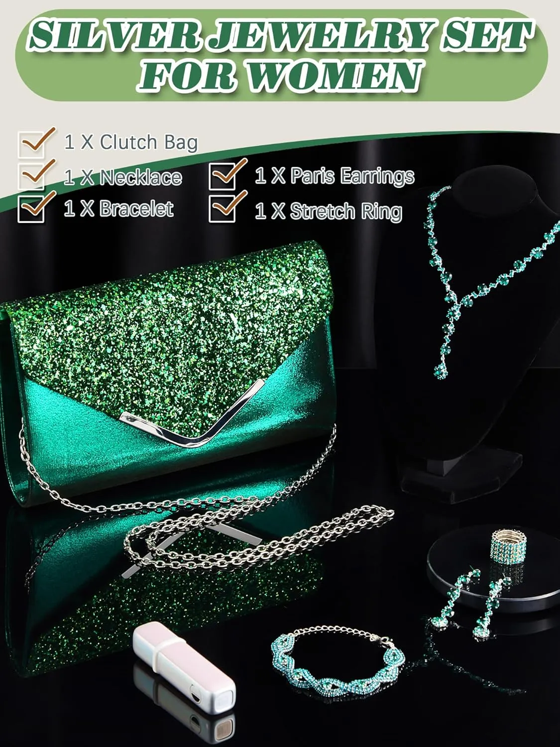 Henoyso 5 Pcs Purse Rhinestone Jewelry Set Prom Jewelry Rhinestone Clutch Purse Necklace Earrings Bracelets for Women Bride