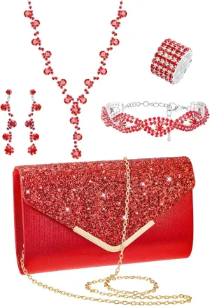 Henoyso 5 Pcs Purse Rhinestone Jewelry Set Prom Jewelry Rhinestone Clutch Purse Necklace Earrings Bracelets for Women Bride