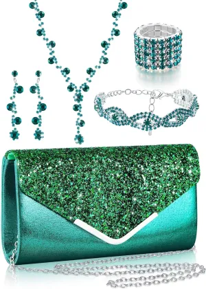 Henoyso 5 Pcs Purse Rhinestone Jewelry Set Prom Jewelry Rhinestone Clutch Purse Necklace Earrings Bracelets for Women Bride
