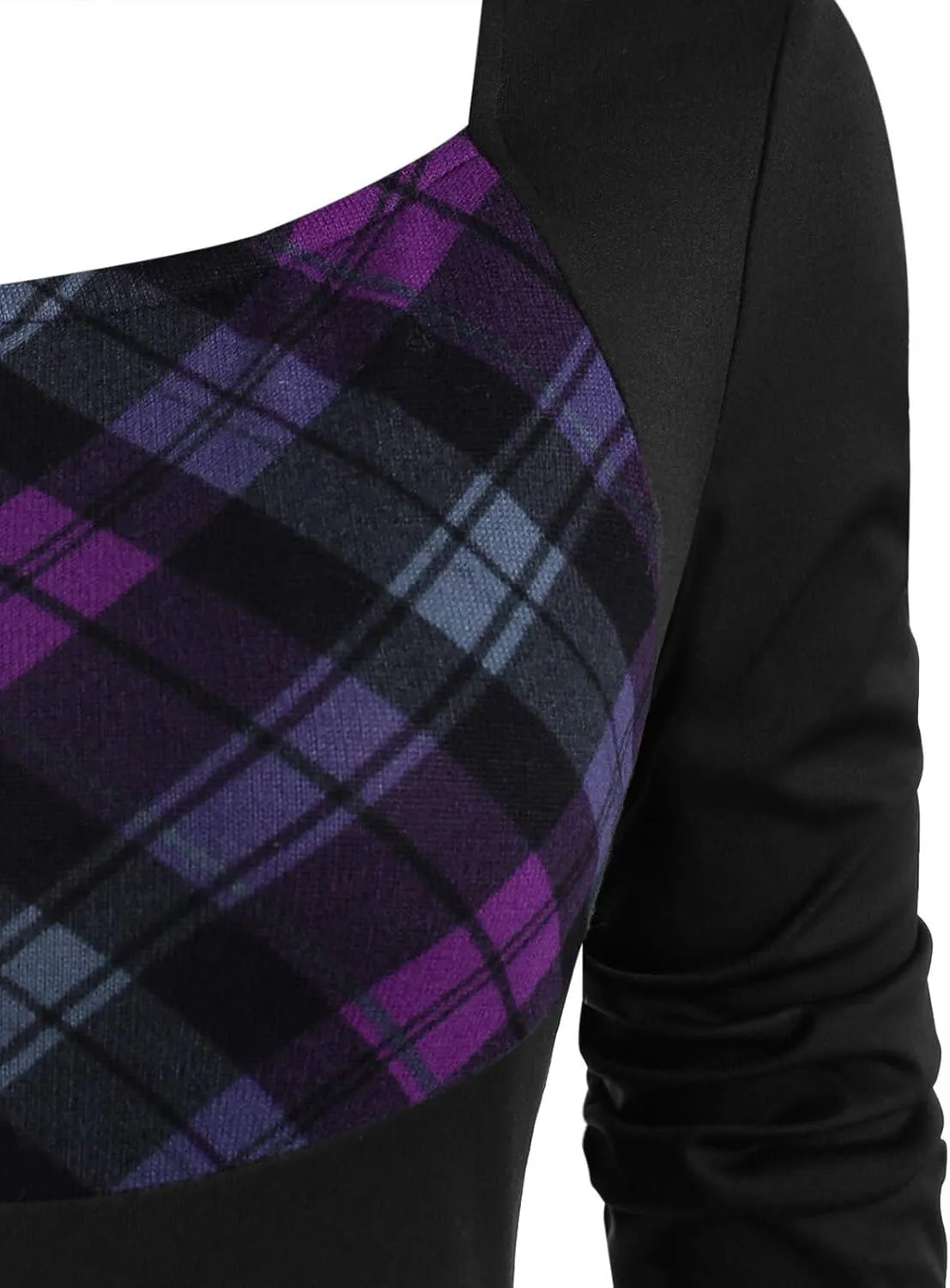 HGOOGY Graduation Dress for Women Retro Women Plus Size Plaid Insert Mock Button Long Sleeve Dress High Neck Midi