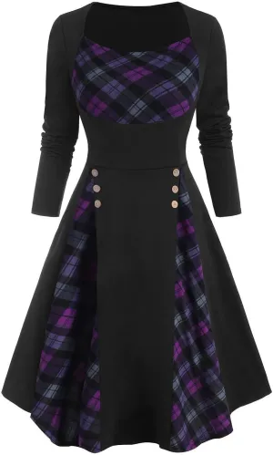 HGOOGY Graduation Dress for Women Retro Women Plus Size Plaid Insert Mock Button Long Sleeve Dress High Neck Midi