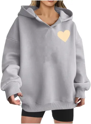 HGps8w Oversized Hoodies for Women Cute Heart Print Tops Loose Pullover Casual Long Sleeve Drop Shoulder Hooded Sweatshirt