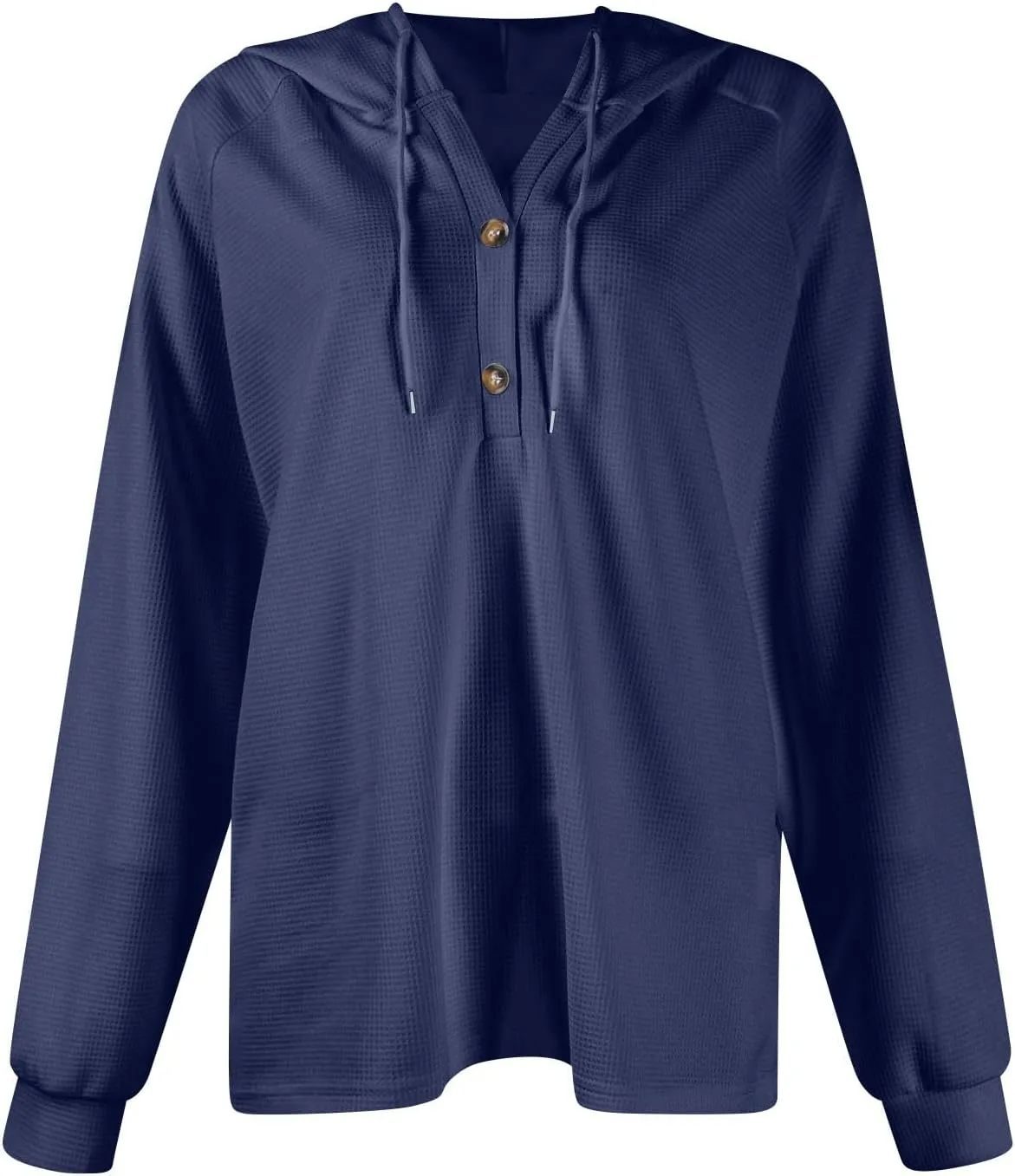 Hoodies for Women Waffle Knit Drawstring Button V Neck Long Sleeve Casual Pullover Sweatshirt Hooded Tops Oversized