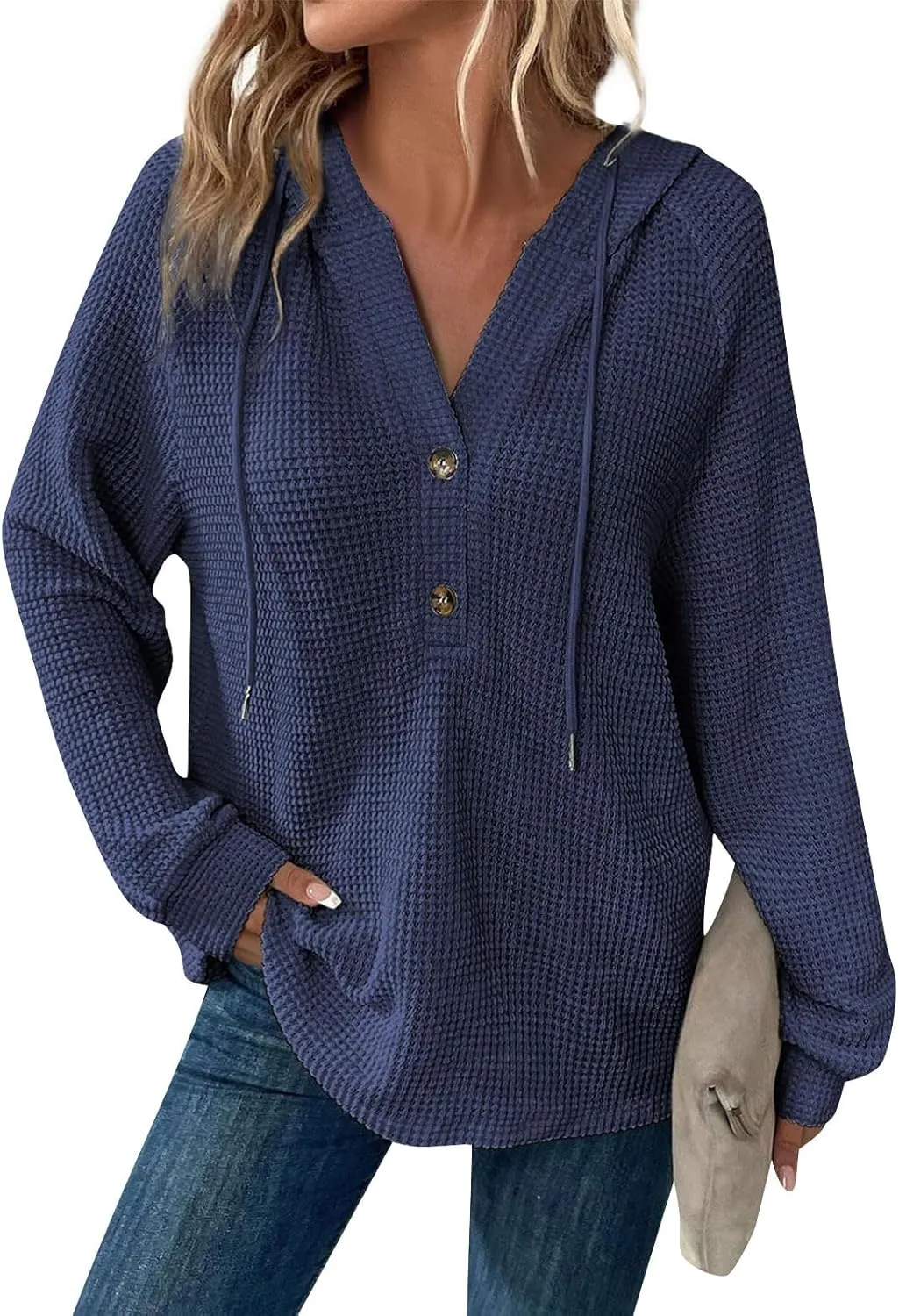 Hoodies for Women Waffle Knit Drawstring Button V Neck Long Sleeve Casual Pullover Sweatshirt Hooded Tops Oversized