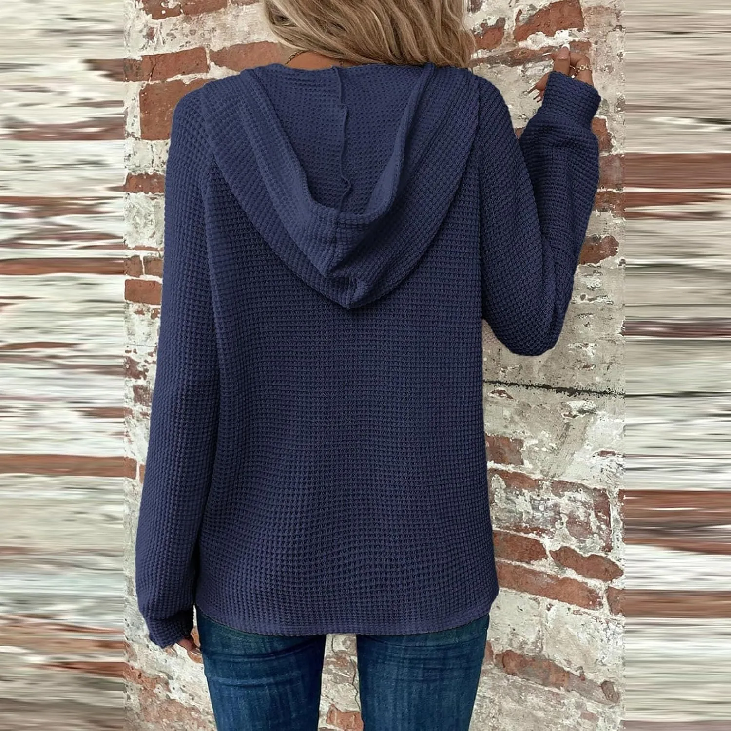 Hoodies for Women Waffle Knit Drawstring Button V Neck Long Sleeve Casual Pullover Sweatshirt Hooded Tops Oversized