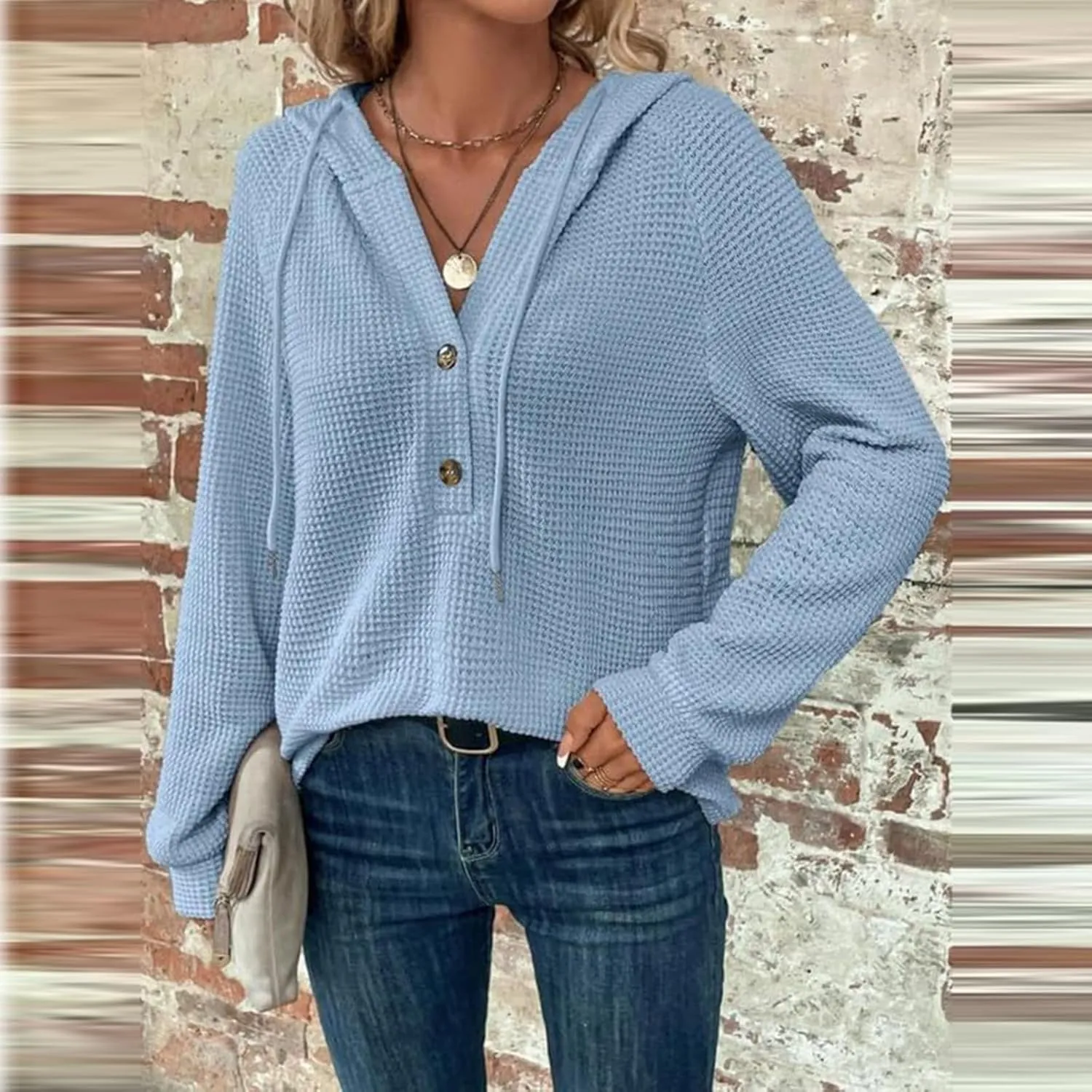 Hoodies for Women Waffle Knit Drawstring Button V Neck Long Sleeve Casual Pullover Sweatshirt Hooded Tops Oversized