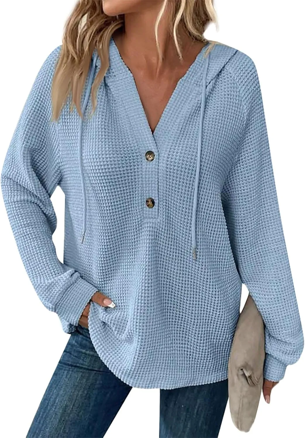 Hoodies for Women Waffle Knit Drawstring Button V Neck Long Sleeve Casual Pullover Sweatshirt Hooded Tops Oversized