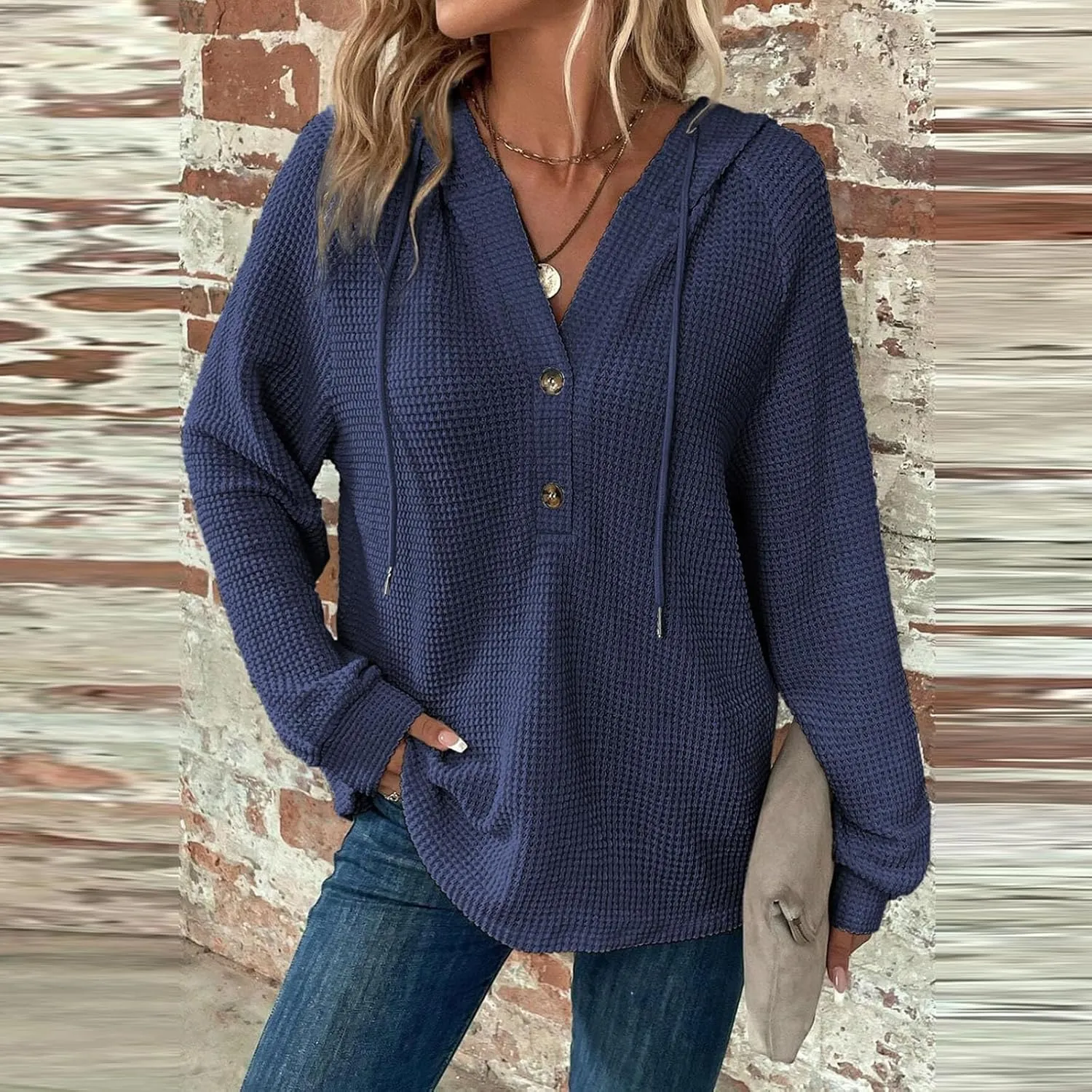Hoodies for Women Waffle Knit Drawstring Button V Neck Long Sleeve Casual Pullover Sweatshirt Hooded Tops Oversized