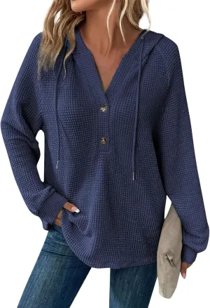 Hoodies for Women Waffle Knit Drawstring Button V Neck Long Sleeve Casual Pullover Sweatshirt Hooded Tops Oversized