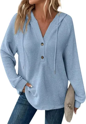 Hoodies for Women Waffle Knit Drawstring Button V Neck Long Sleeve Casual Pullover Sweatshirt Hooded Tops Oversized