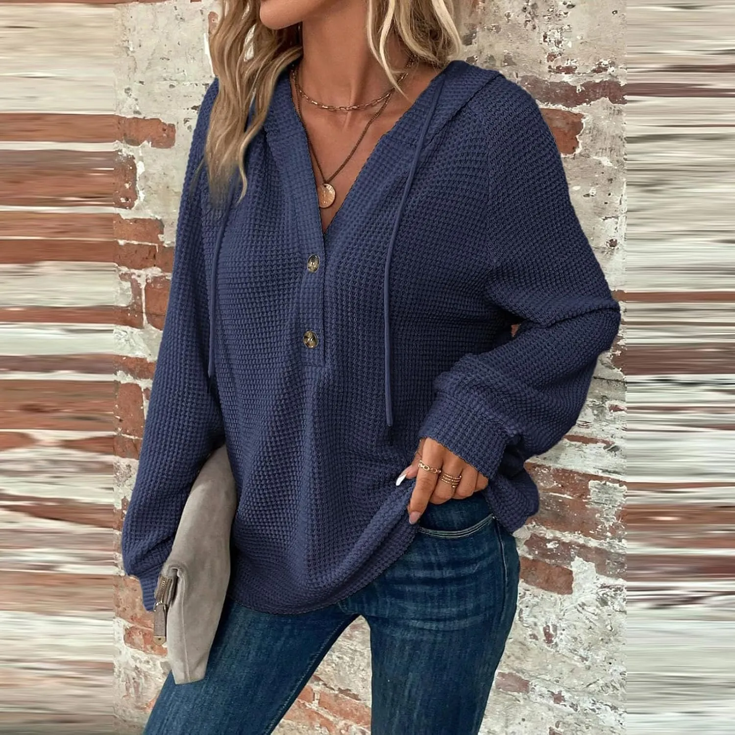 Hoodies for Women Waffle Knit Drawstring Button V Neck Long Sleeve Casual Pullover Sweatshirt Hooded Tops Oversized