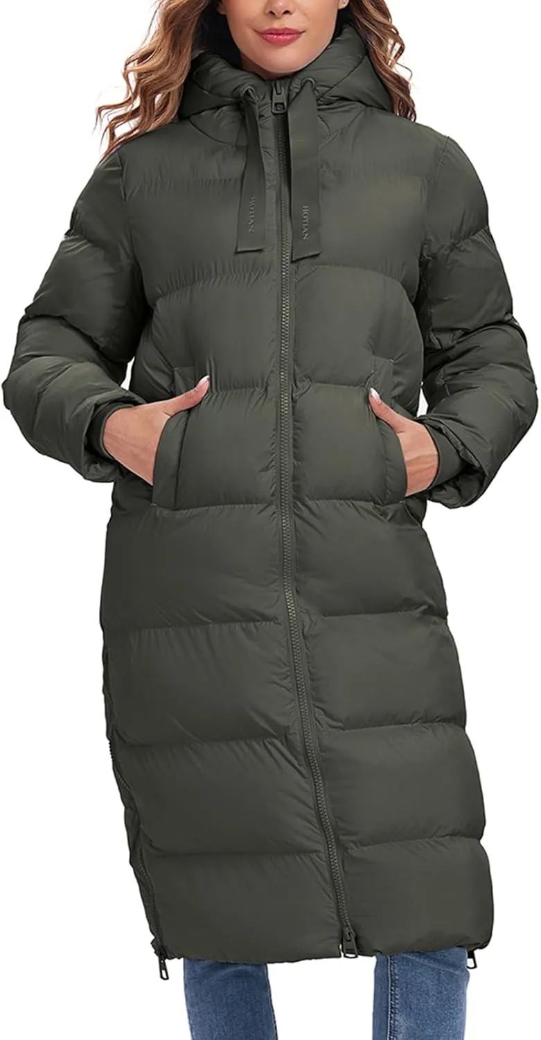 HOTIAN Women's Thickened Down Jacketts Maxi Length Winter Warm Puffer Coat Hooded Parka Jacket Padded Outerwear
