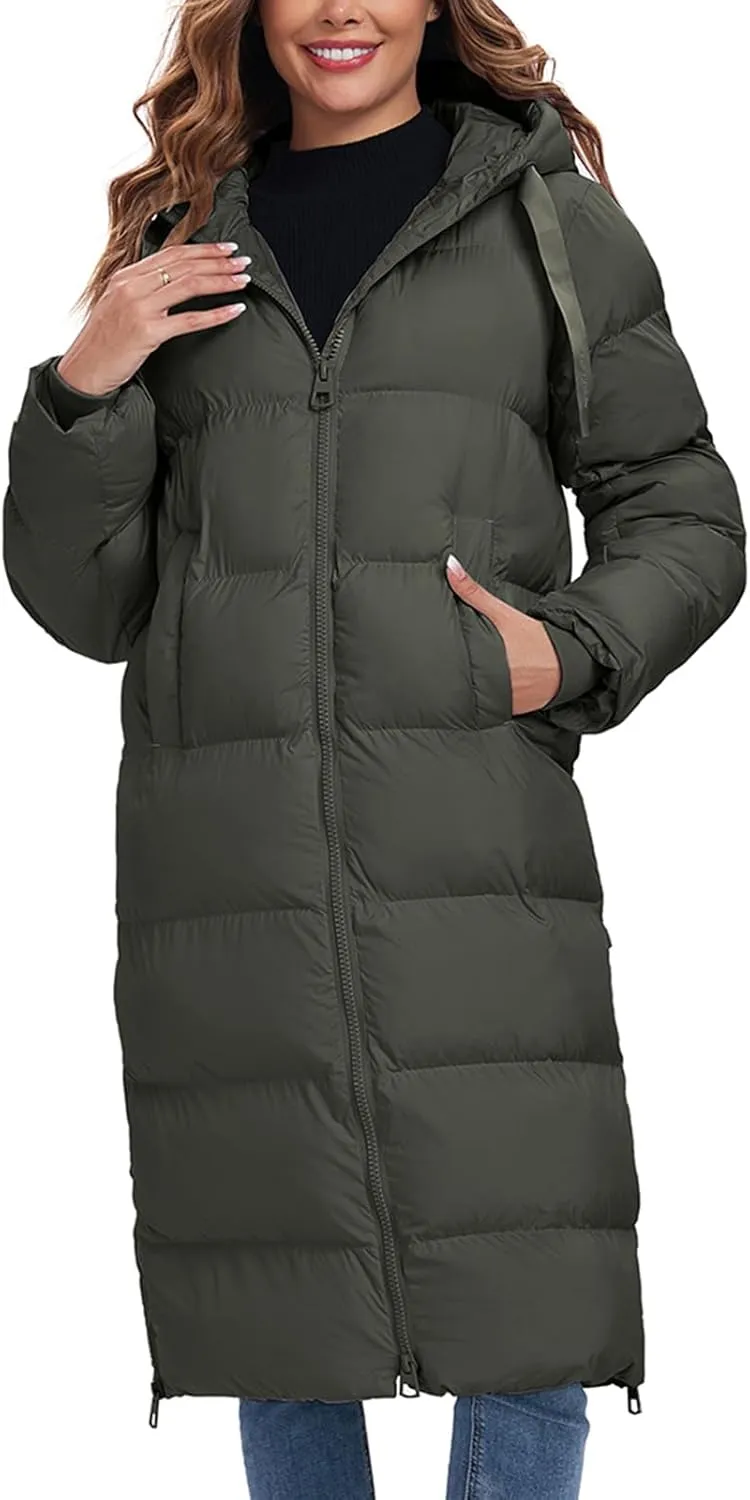 HOTIAN Women's Thickened Down Jacketts Maxi Length Winter Warm Puffer Coat Hooded Parka Jacket Padded Outerwear