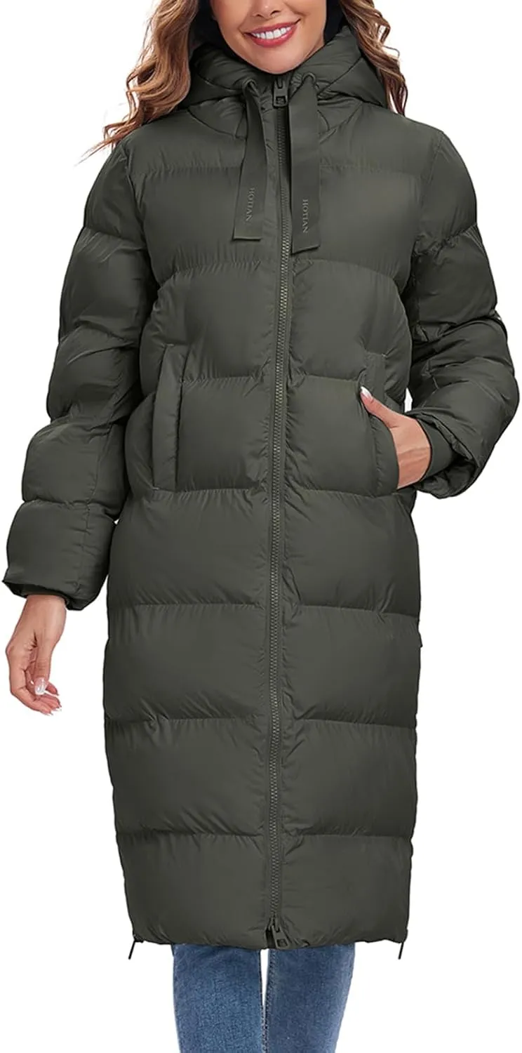 HOTIAN Women's Thickened Down Jacketts Maxi Length Winter Warm Puffer Coat Hooded Parka Jacket Padded Outerwear
