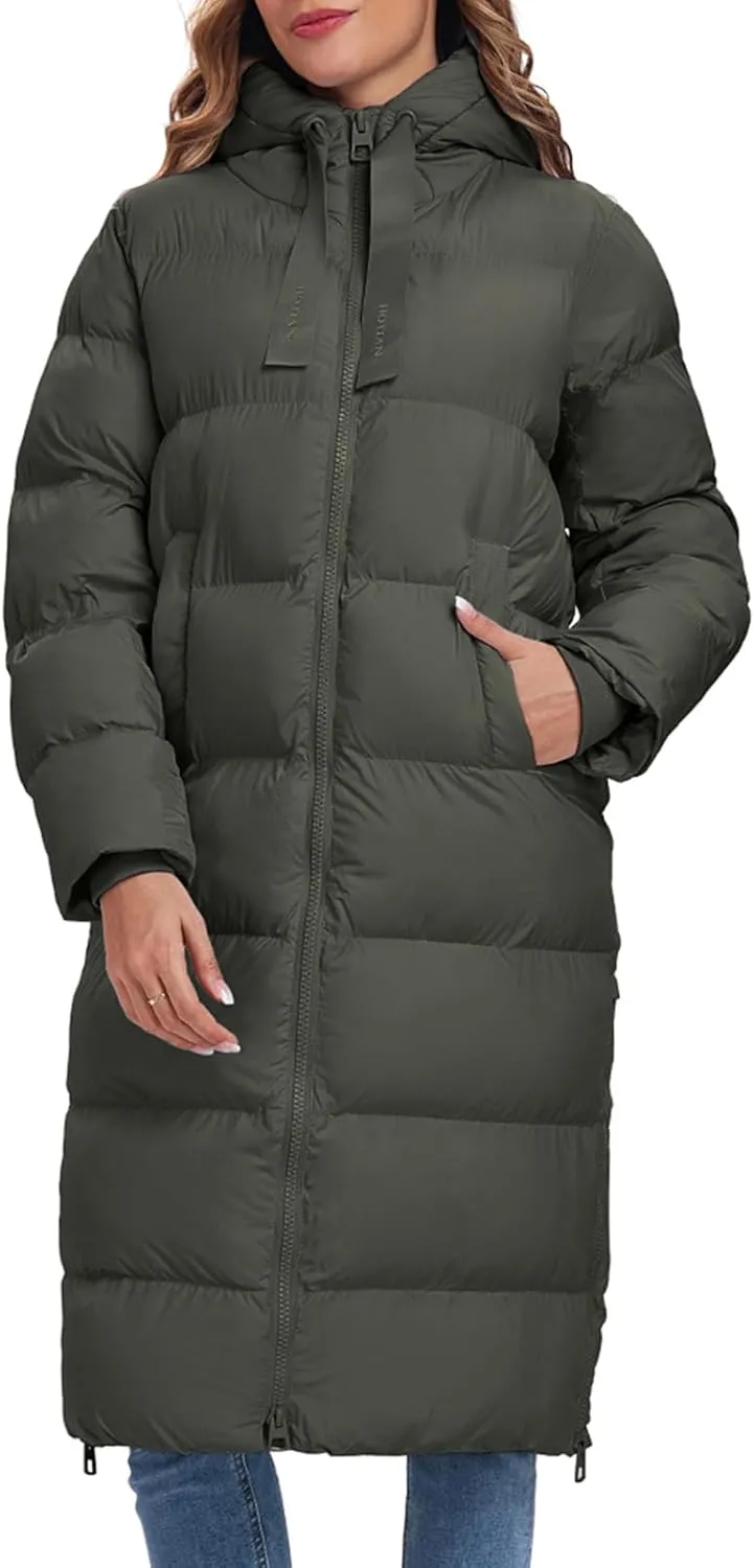 HOTIAN Women's Thickened Down Jacketts Maxi Length Winter Warm Puffer Coat Hooded Parka Jacket Padded Outerwear