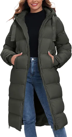 HOTIAN Women's Thickened Down Jacketts Maxi Length Winter Warm Puffer Coat Hooded Parka Jacket Padded Outerwear