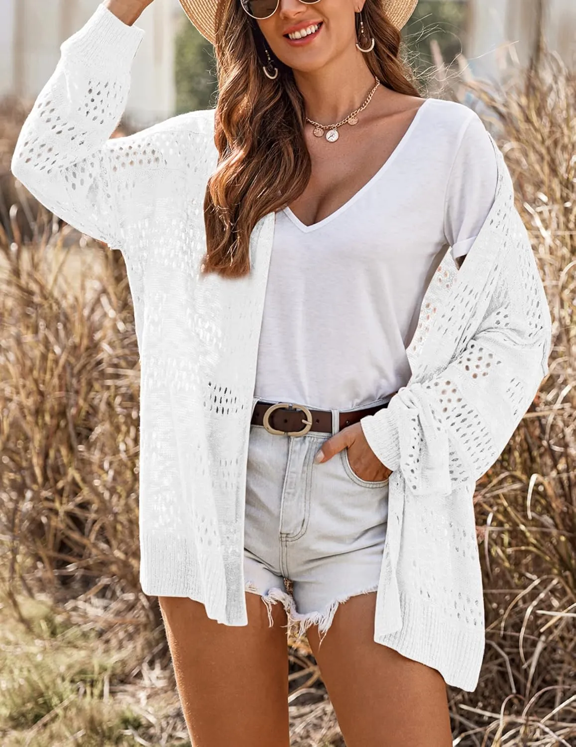 HOTOUCH Lightweight Crochet Cardigan for Women Long Sleeve Open Front Knit Oversized Cardigans Sweaters
