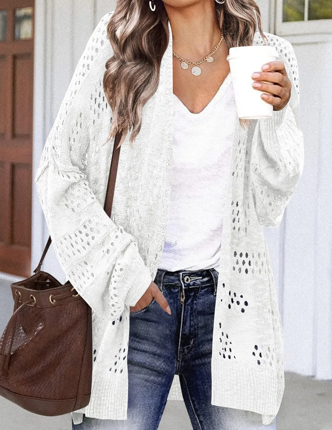 HOTOUCH Lightweight Crochet Cardigan for Women Long Sleeve Open Front Knit Oversized Cardigans Sweaters