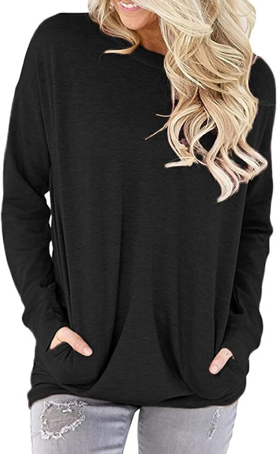 Hount Womens Casual Loose Fit Shirts Long Sleeve Comfy T-Shirts Pullover Sweatshirts With Pockets