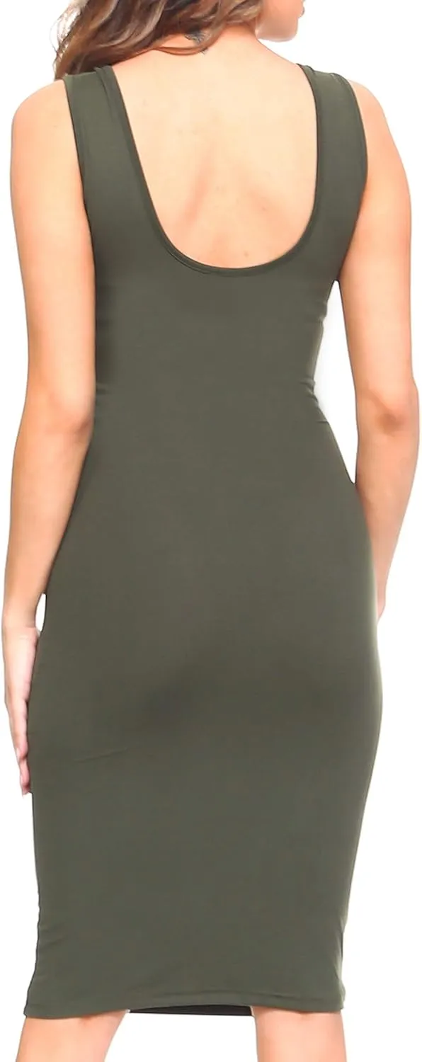 ICONOFLASH Women's Bodycon Midi Tank Dress Scoop Neck Fitted Sleeveless Dress with Plus Size Options