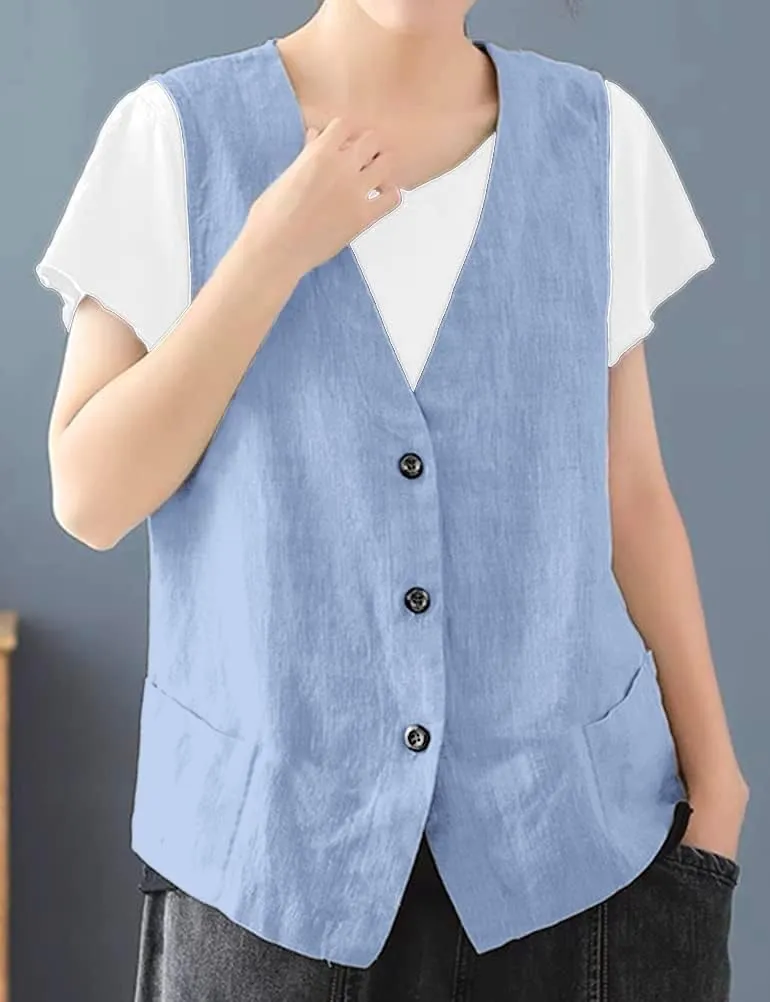 IDEALSANXUN Womens Cotton Linen Vest Casual Sleeveless Blazer Cardigans Lightweight Jacket Waistcoat