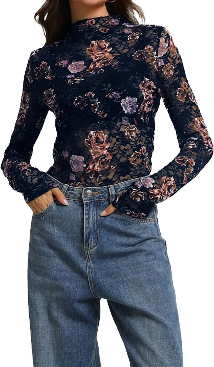 IWOLLENCE Women's Long Sleeve Mock Neck Lace Tops Sexy Floral Western See Through Blouse Sheer Mesh Shirts Party Clubwear