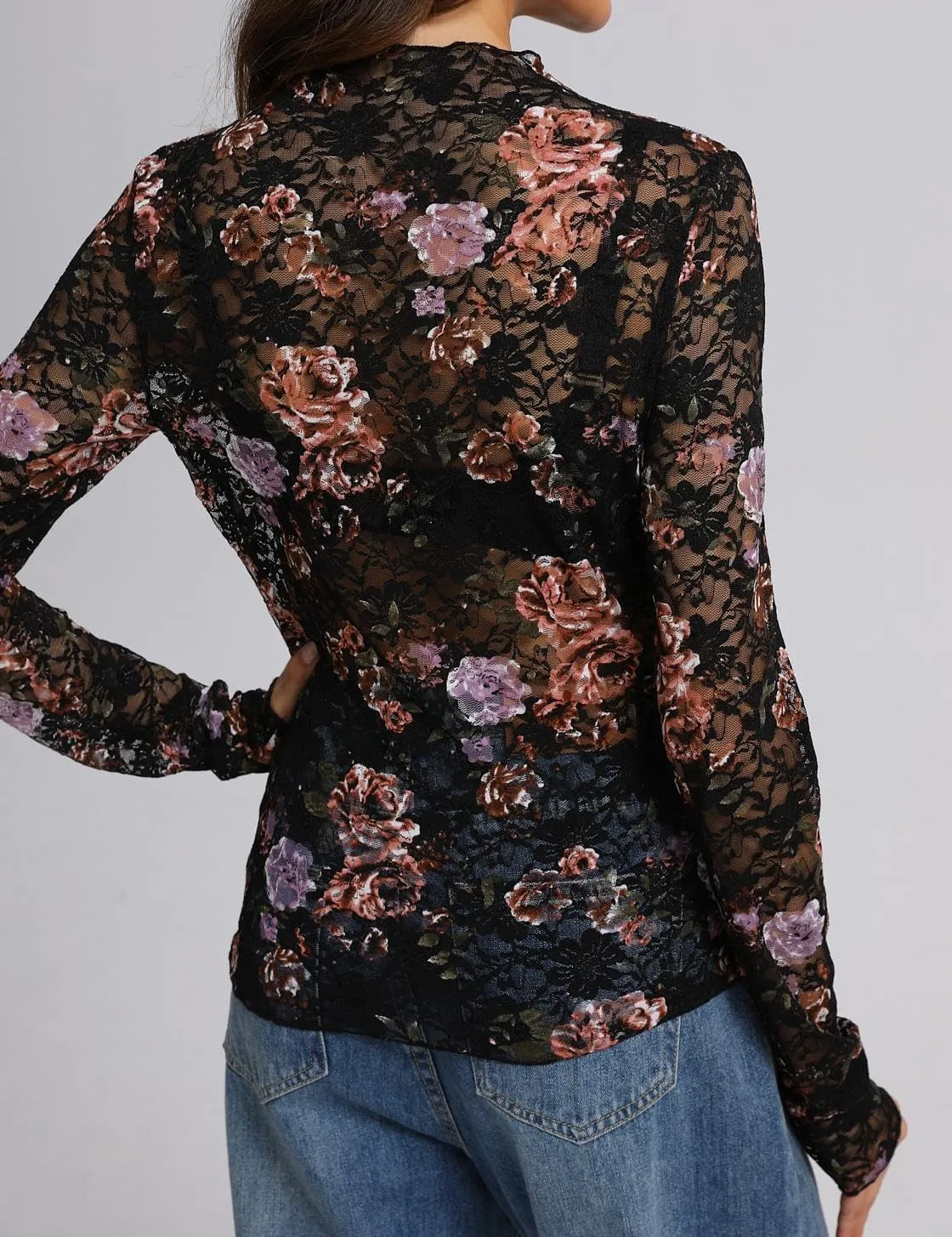 IWOLLENCE Women's Long Sleeve Mock Neck Lace Tops Sexy Floral Western See Through Blouse Sheer Mesh Shirts Party Clubwear