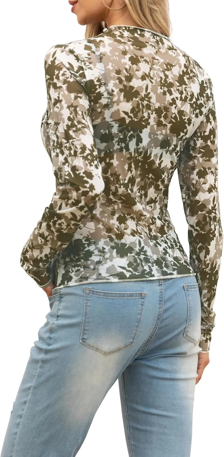 IWOLLENCE Women's Long Sleeve Mock Neck Lace Tops Sexy Floral Western See Through Blouse Sheer Mesh Shirts Party Clubwear