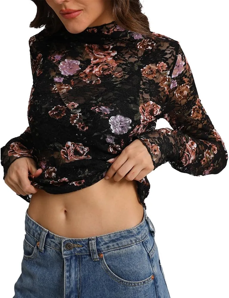 IWOLLENCE Women's Long Sleeve Mock Neck Lace Tops Sexy Floral Western See Through Blouse Sheer Mesh Shirts Party Clubwear