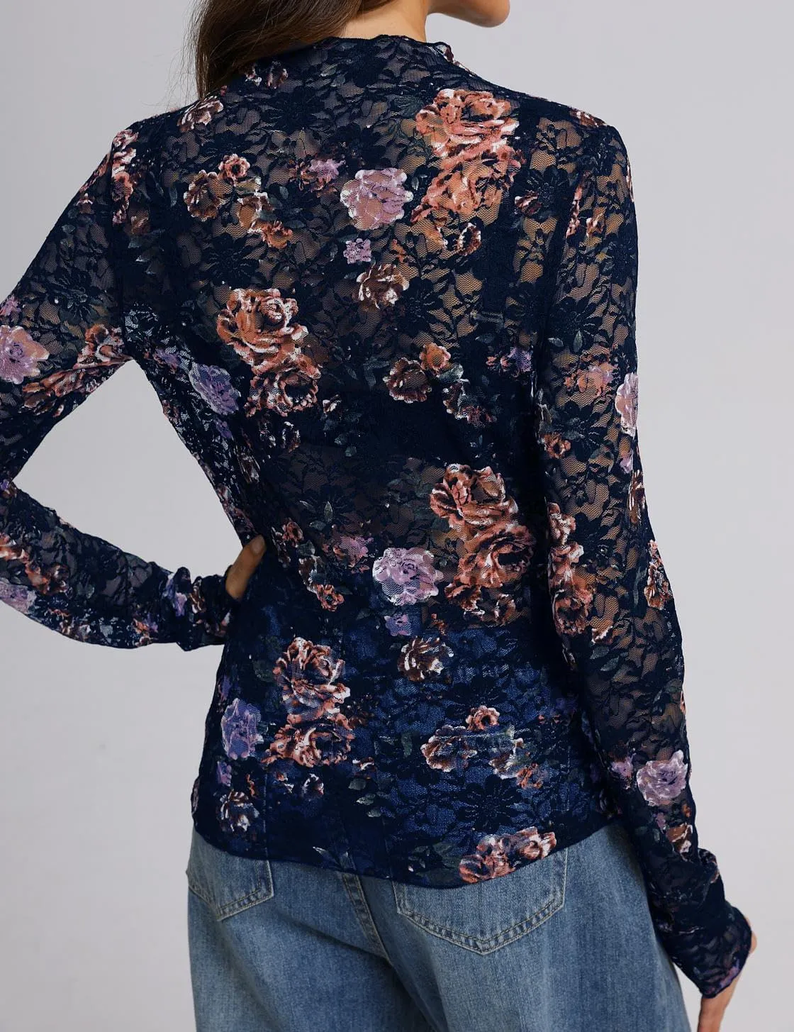 IWOLLENCE Women's Long Sleeve Mock Neck Lace Tops Sexy Floral Western See Through Blouse Sheer Mesh Shirts Party Clubwear