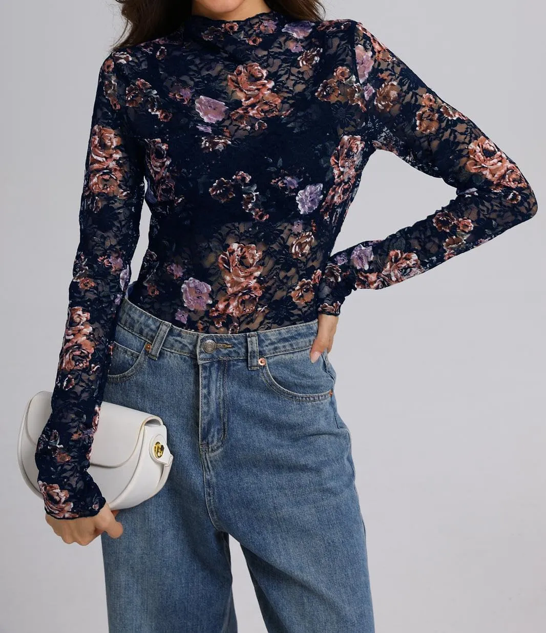 IWOLLENCE Women's Long Sleeve Mock Neck Lace Tops Sexy Floral Western See Through Blouse Sheer Mesh Shirts Party Clubwear