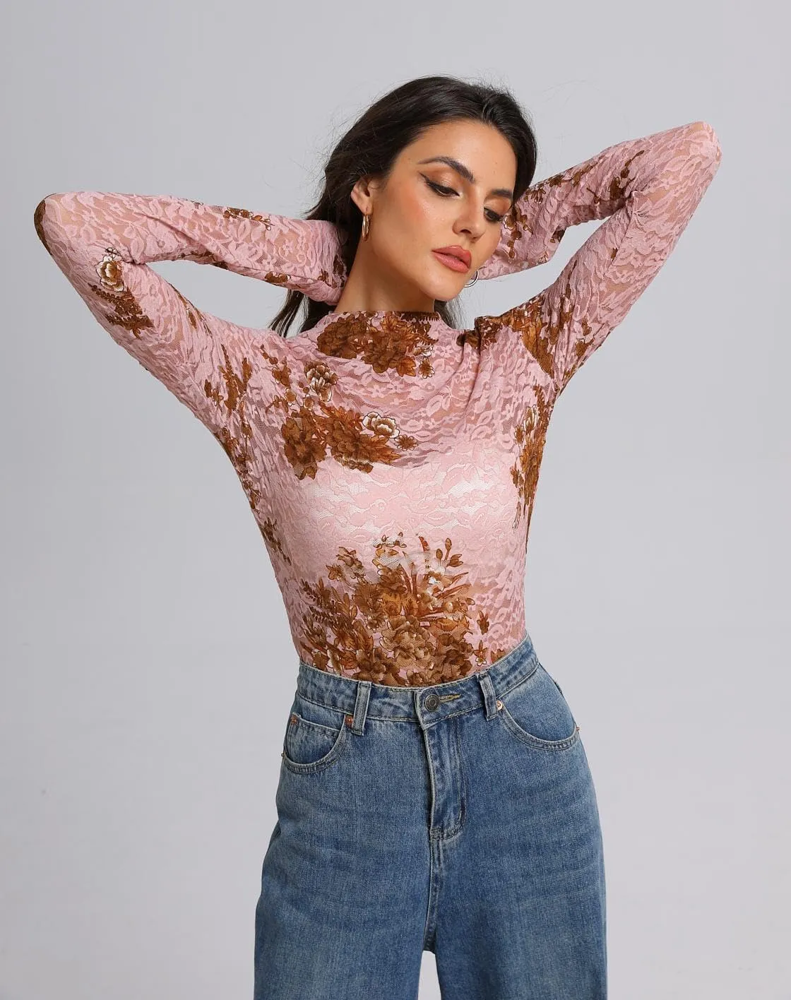 IWOLLENCE Women's Long Sleeve Mock Neck Lace Tops Sexy Floral Western See Through Blouse Sheer Mesh Shirts Party Clubwear