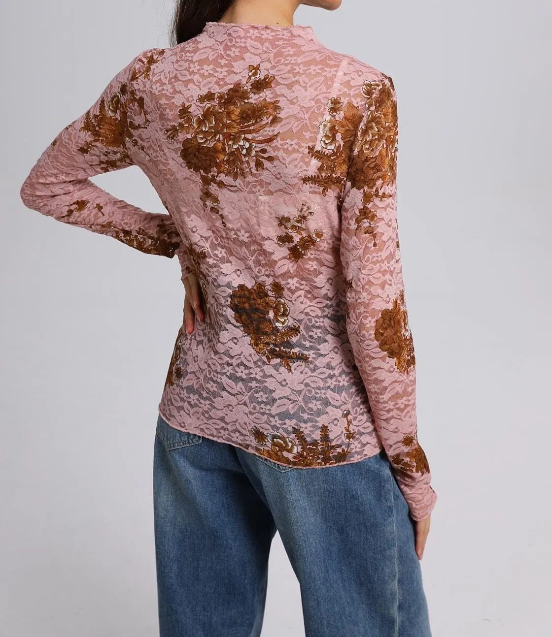 IWOLLENCE Women's Long Sleeve Mock Neck Lace Tops Sexy Floral Western See Through Blouse Sheer Mesh Shirts Party Clubwear