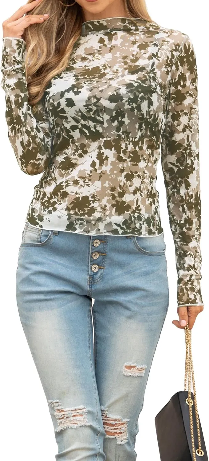 IWOLLENCE Women's Long Sleeve Mock Neck Lace Tops Sexy Floral Western See Through Blouse Sheer Mesh Shirts Party Clubwear