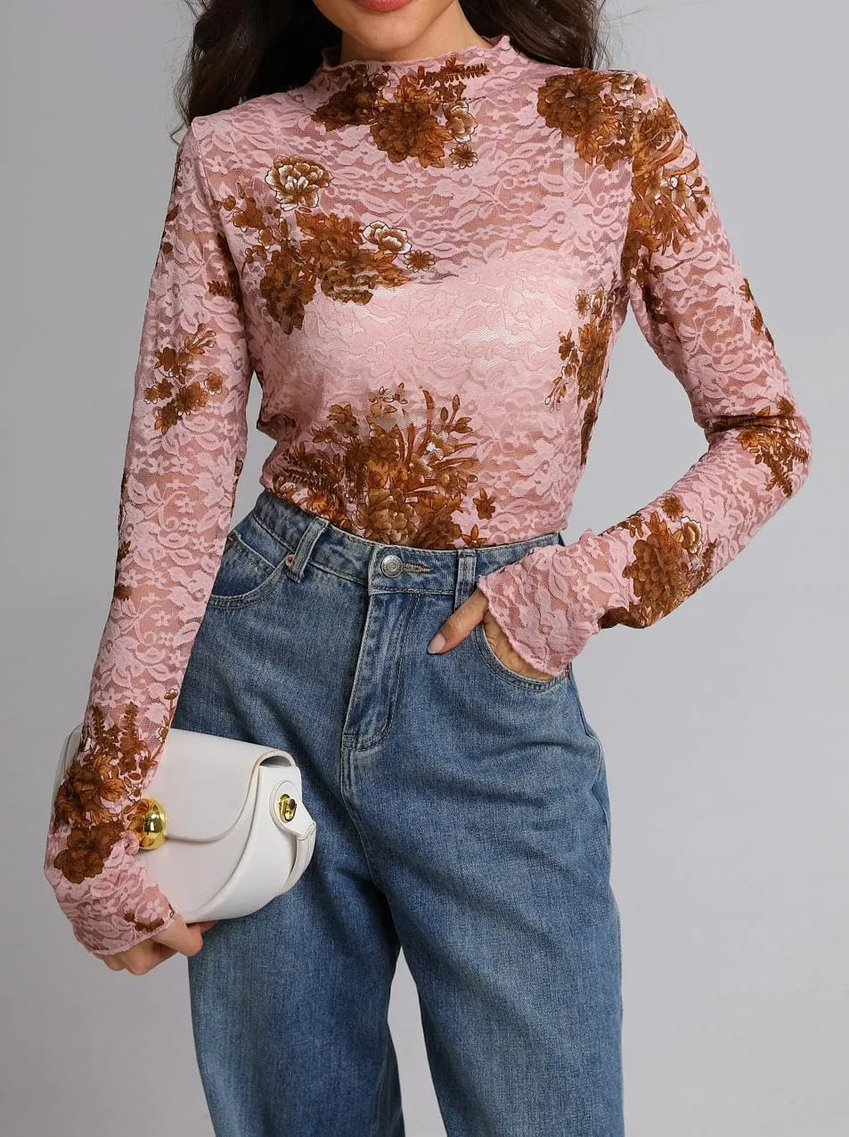 IWOLLENCE Women's Long Sleeve Mock Neck Lace Tops Sexy Floral Western See Through Blouse Sheer Mesh Shirts Party Clubwear