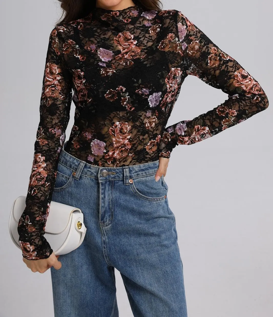 IWOLLENCE Women's Long Sleeve Mock Neck Lace Tops Sexy Floral Western See Through Blouse Sheer Mesh Shirts Party Clubwear