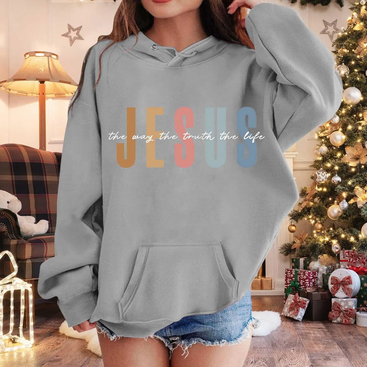Jesus Girls Oversized Hoodies Christian Faith Sweatshirts Plus Size Hooded Sweatshirt Top with Pockets