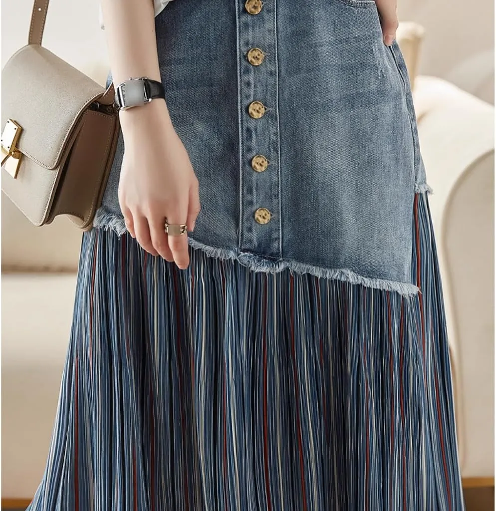 JITEM Women's Raw Edge Denim Splicing Striped Pleated Long Skirt Casual Irregular High Waisted A-Line Jean Midi Skirt, X-Large, Blue