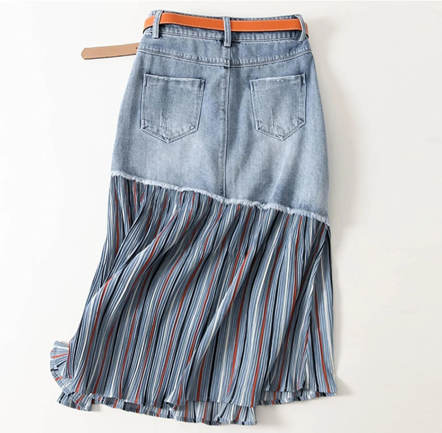 JITEM Women's Raw Edge Denim Splicing Striped Pleated Long Skirt Casual Irregular High Waisted A-Line Jean Midi Skirt, X-Large, Blue