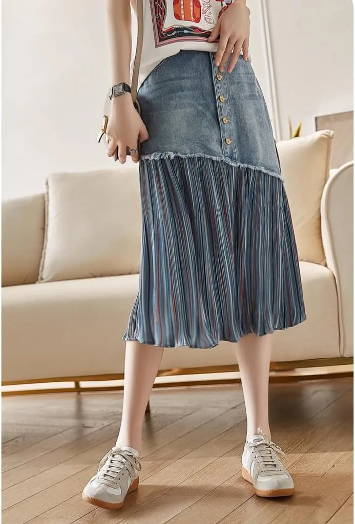 JITEM Women's Raw Edge Denim Splicing Striped Pleated Long Skirt Casual Irregular High Waisted A-Line Jean Midi Skirt, X-Large, Blue