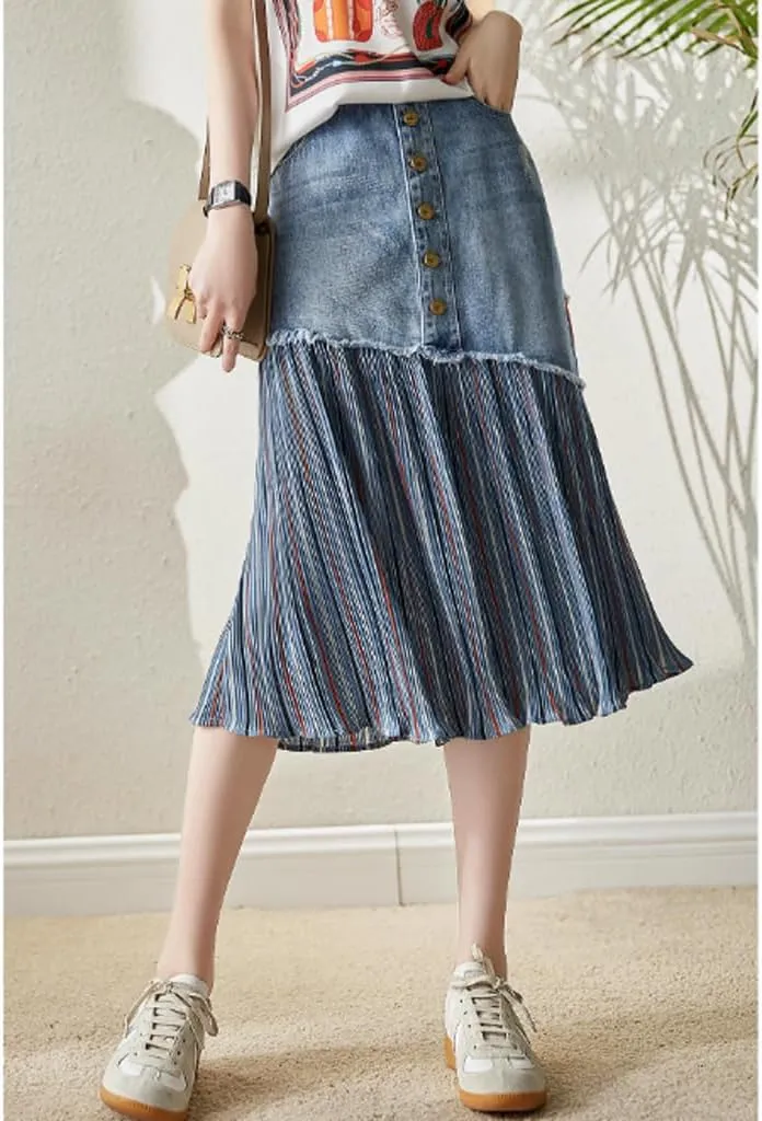 JITEM Women's Raw Edge Denim Splicing Striped Pleated Long Skirt Casual Irregular High Waisted A-Line Jean Midi Skirt, X-Large, Blue