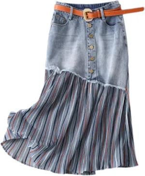 JITEM Women's Raw Edge Denim Splicing Striped Pleated Long Skirt Casual Irregular High Waisted A-Line Jean Midi Skirt, X-Large, Blue