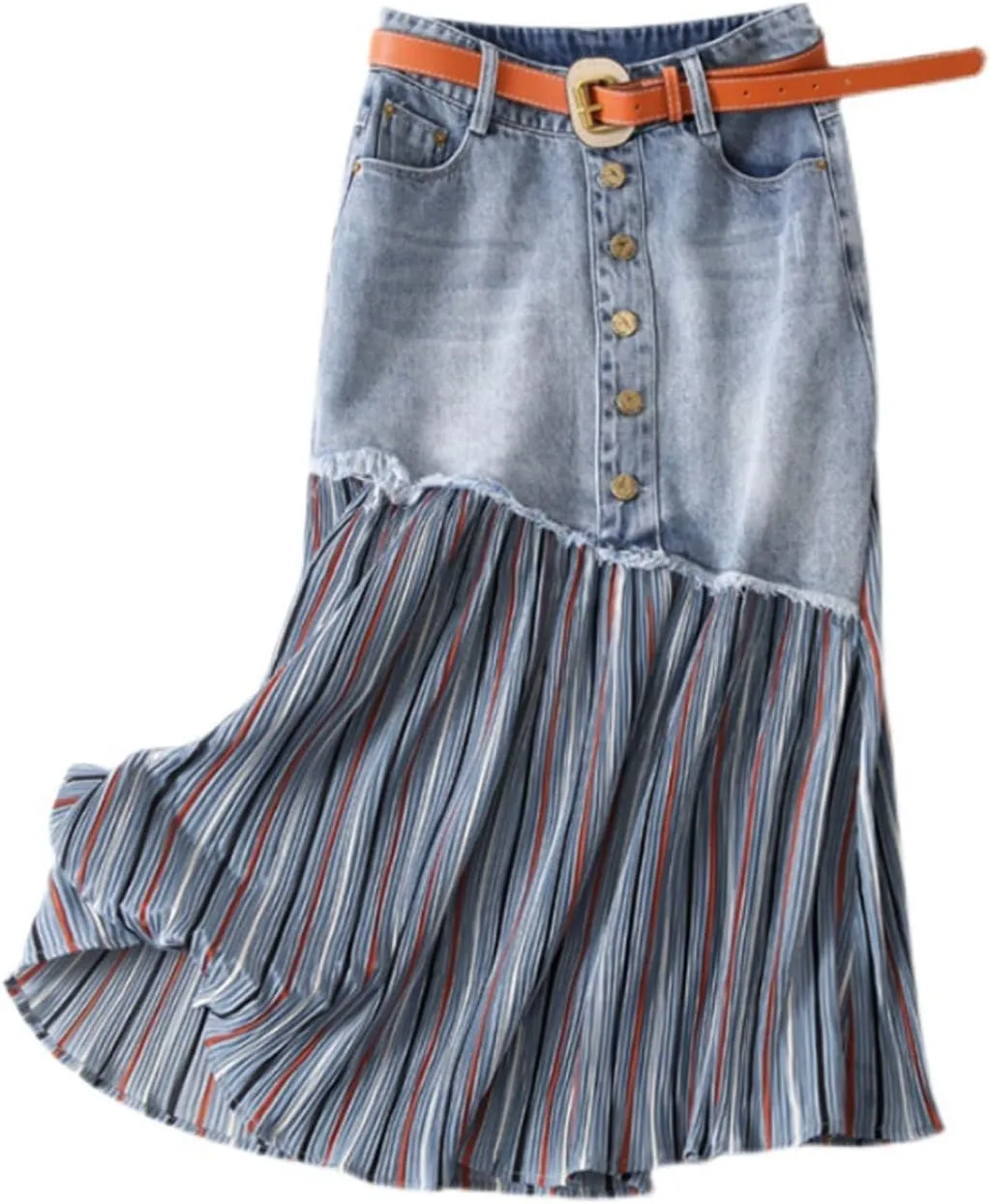 JITEM Women's Raw Edge Denim Splicing Striped Pleated Long Skirt Casual Irregular High Waisted A-Line Jean Midi Skirt, X-Large, Blue